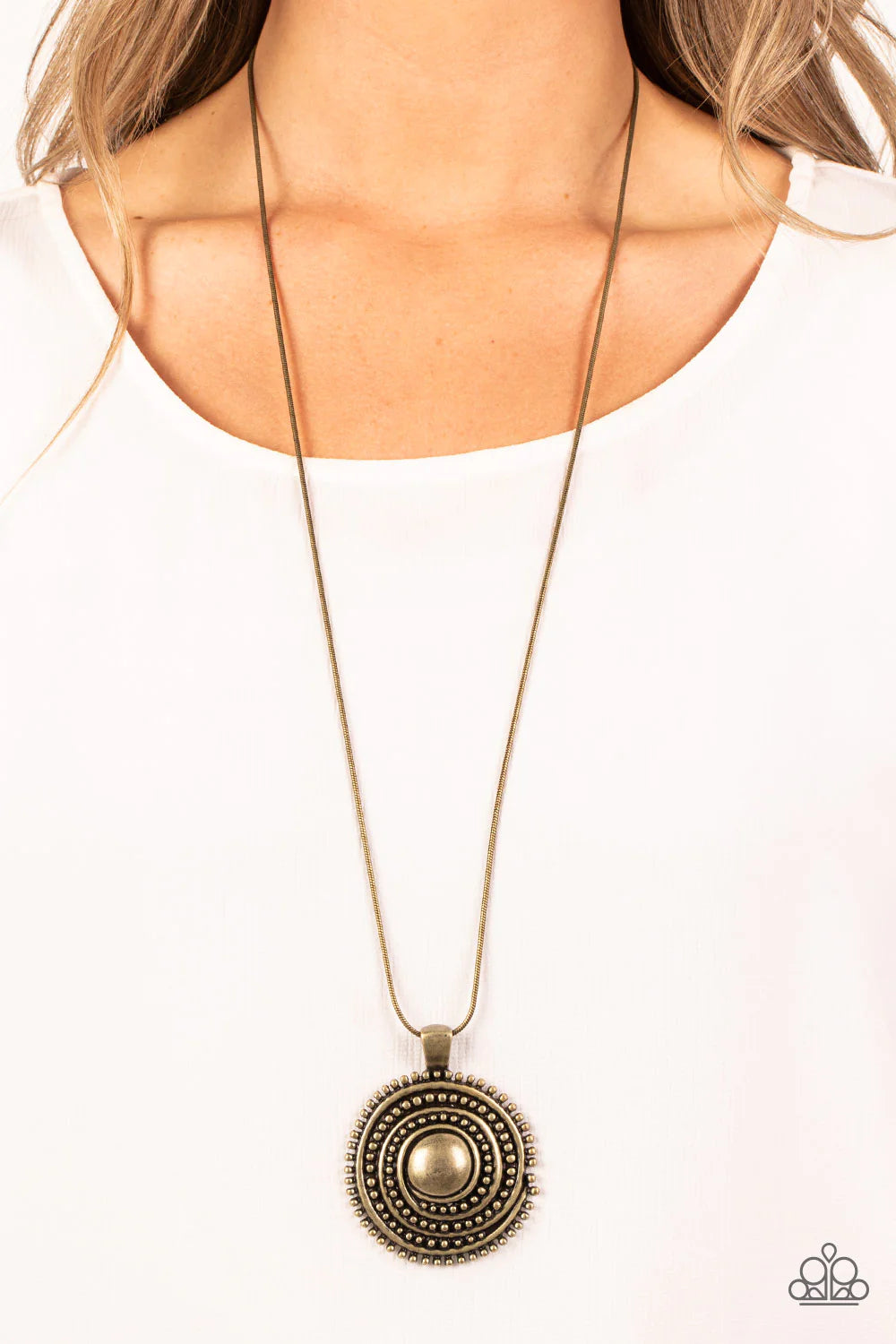 Paparazzi Accessories Solar Swirl - Brass Brushed in a rustic shimmer, a smooth brass ribbon whirls around rows of brass studs that swirl into a dizzying medallion at the bottom of a rounded brass snake chain. Features an adjustable clasp closure. Sold as