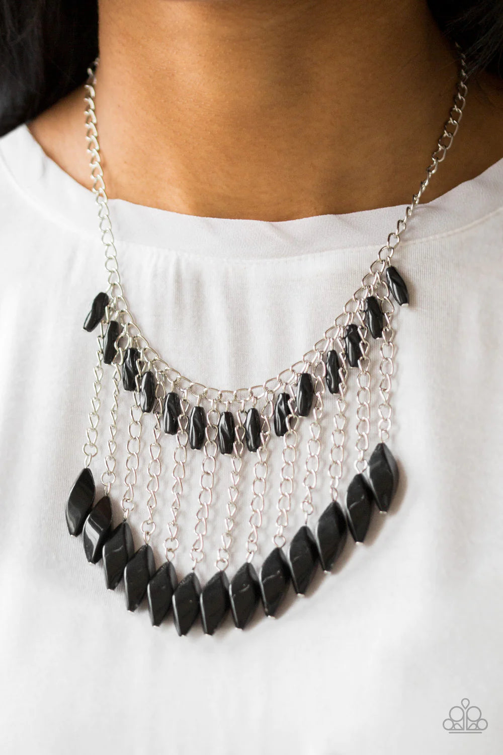 Paparazzi Accessories Venturous Vibes - Black A row of faceted black beads swing from the bottom of a shimmery silver chain below the collar. Larger black beads cascade from the bottoms of free-falling silver chains, creating a vivacious fringe. Features