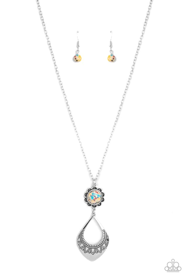 Paparazzi Accessories Stone Toll - Yellow Dangling from an elongated, silver link chain, two whimsical, interconnected shapes coalesce down the chest. An oversized pale yellow stone dotted with multicolored specks, is wrapped in a silver floral frame that