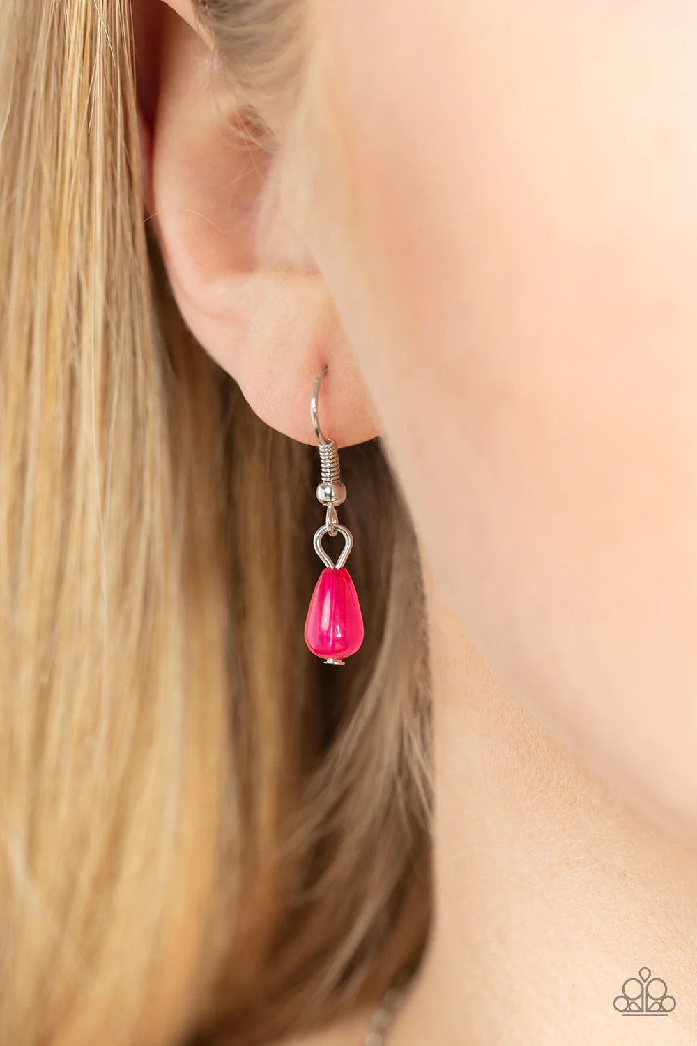 Paparazzi Accessories Totally Trolling - Pink Separated by dainty silver rings, crystal-like beads in the shade of Pink Peacock stream from the bottom of a flat silver hoop. Gradually increasing in size, hammered silver teardrops add texture and shimmer t