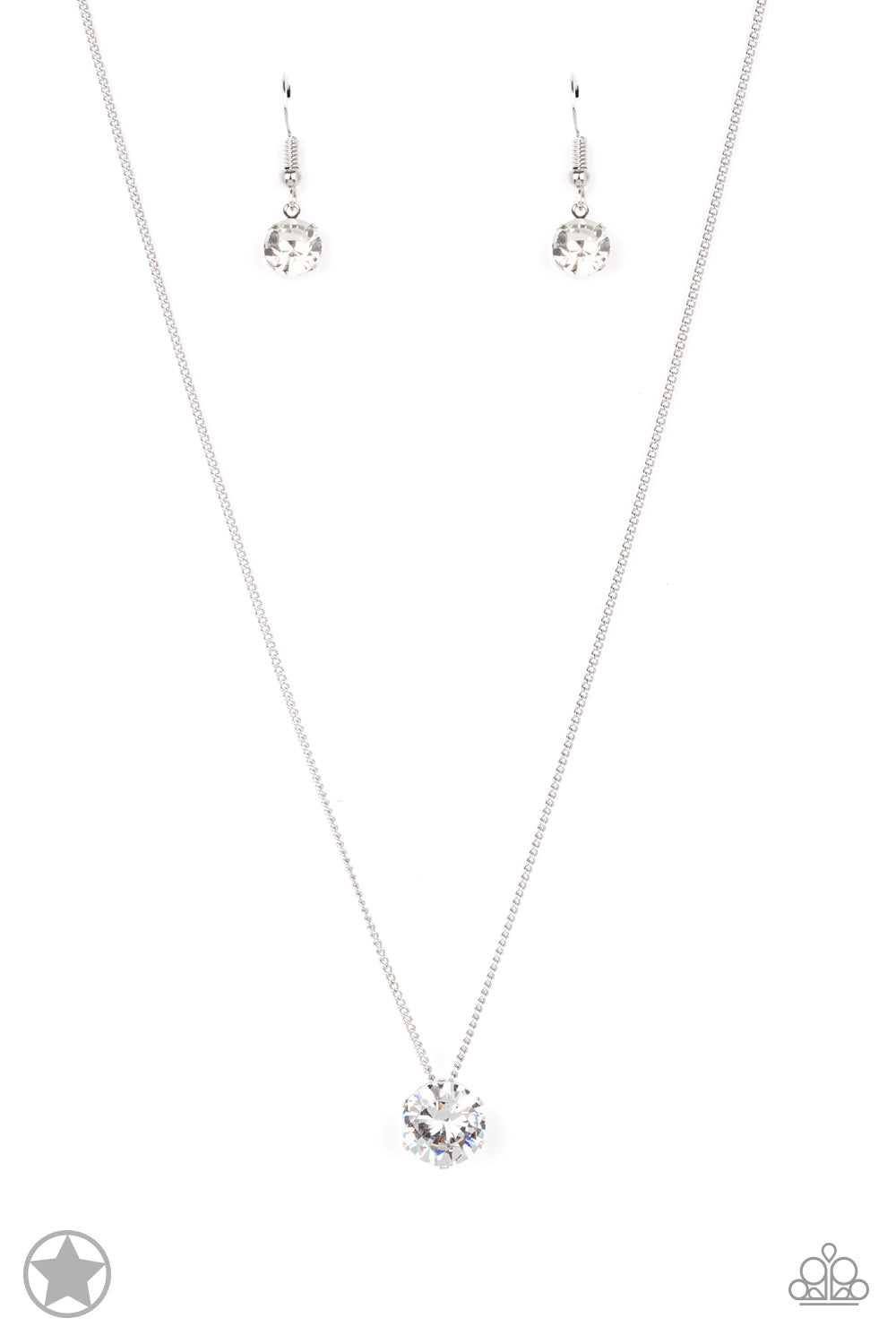 Paparazzi Accessories What A Gem - White A single rhinestone sparkles brilliantly at the bottom of a dainty silver chain, creating a stunning solitaire design. Features an adjustable clasp closure. Sold as one individual necklace. Includes one pair of mat