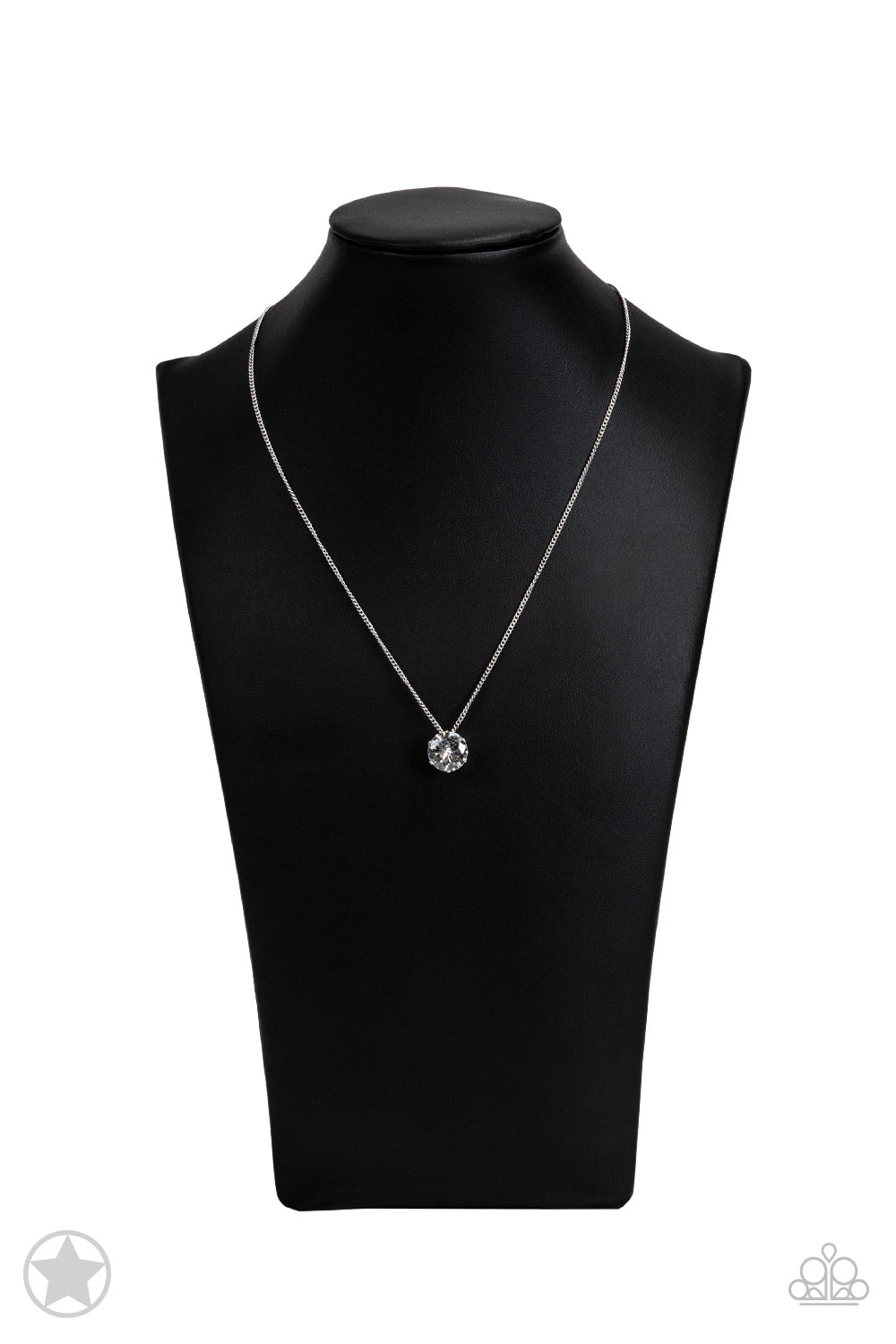 Paparazzi Accessories What A Gem - White A single rhinestone sparkles brilliantly at the bottom of a dainty silver chain, creating a stunning solitaire design. Features an adjustable clasp closure. Sold as one individual necklace. Includes one pair of mat
