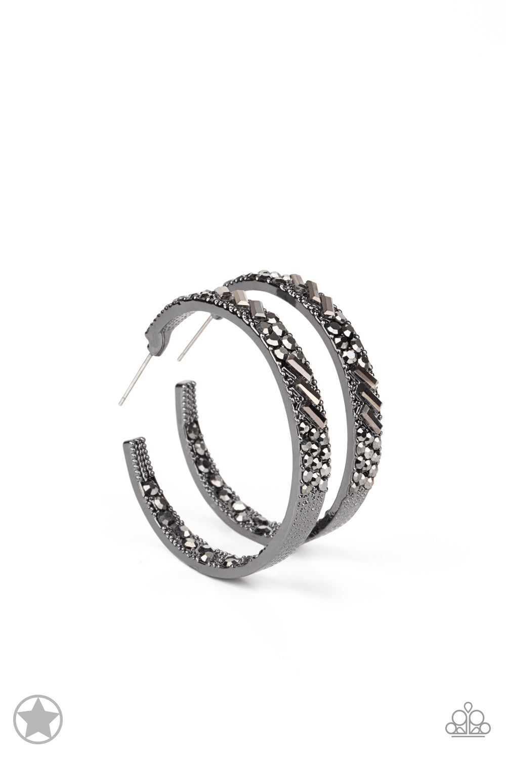 Paparazzi Accessories GLITZY By Association - Black The front facing surface of a chunky gunmetal hoop is dipped in brilliantly sparkling hematite rhinestones while light-catching texture wraps around the back. The interior of the hoop features the opposi