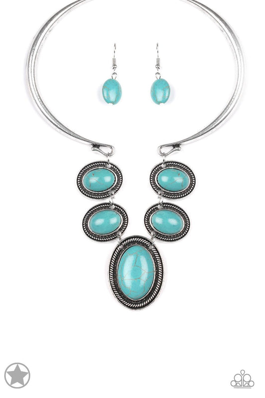 Paparazzi Accessories River Ride - Blue Two antiqued silver bars curl around the neck as they give way to a row of refreshing turquoise stones that falls delicately below the collar. Each stone is encased in a textured silver frame, adding a traditional a