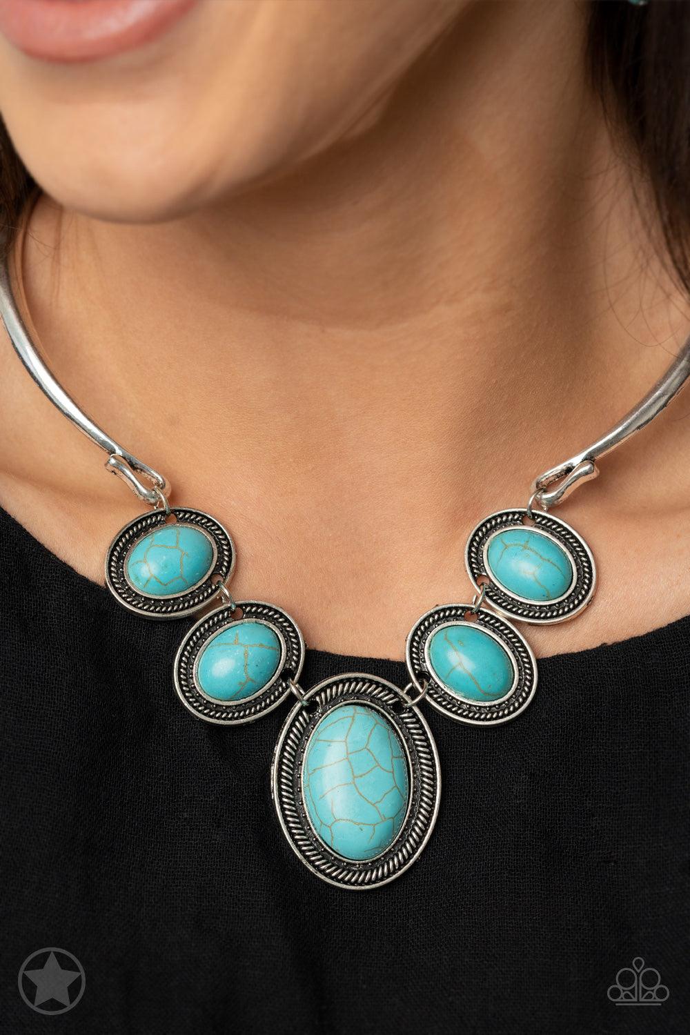 Paparazzi Accessories River Ride - Blue Two antiqued silver bars curl around the neck as they give way to a row of refreshing turquoise stones that falls delicately below the collar. Each stone is encased in a textured silver frame, adding a traditional a