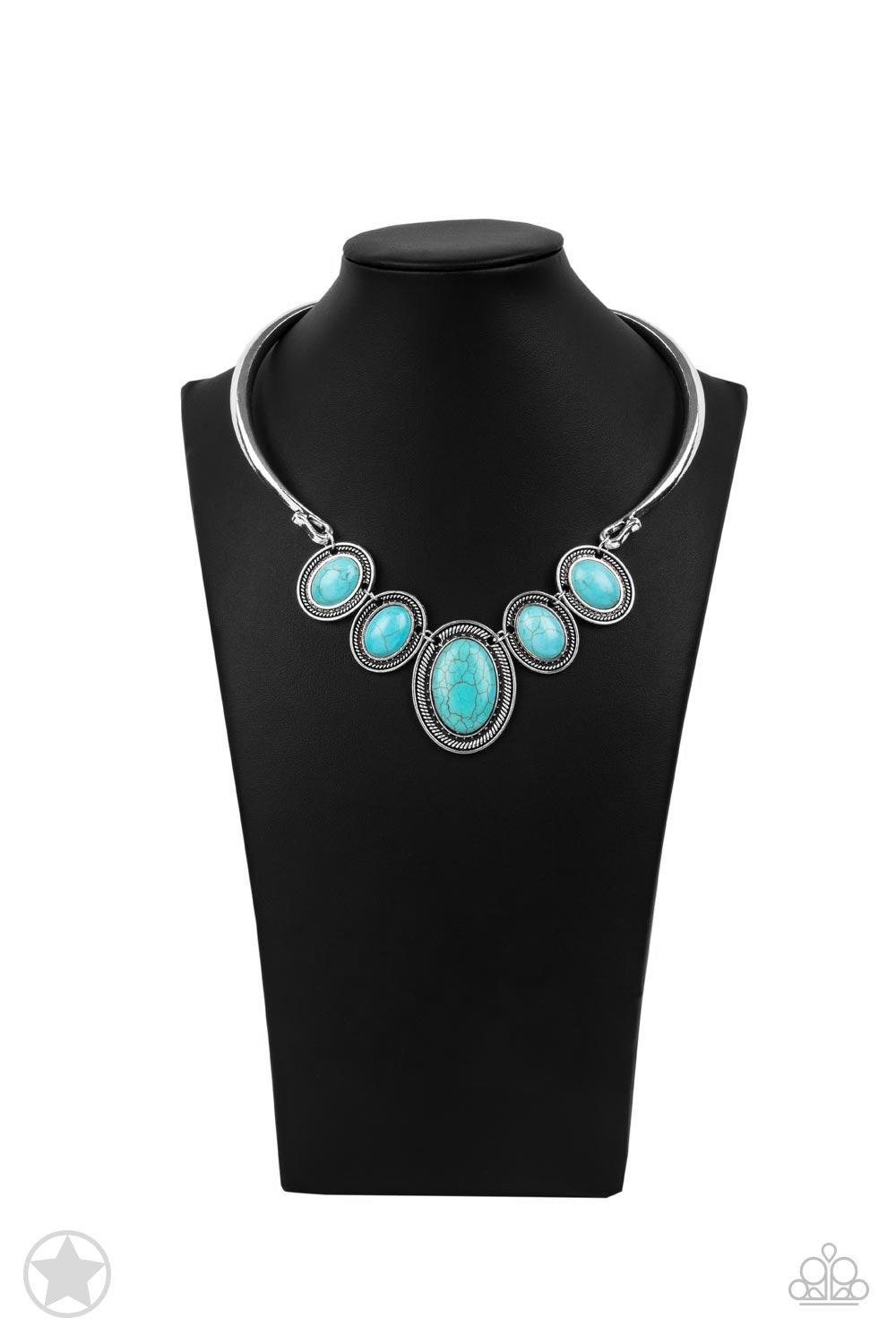 Paparazzi Accessories River Ride - Blue Two antiqued silver bars curl around the neck as they give way to a row of refreshing turquoise stones that falls delicately below the collar. Each stone is encased in a textured silver frame, adding a traditional a