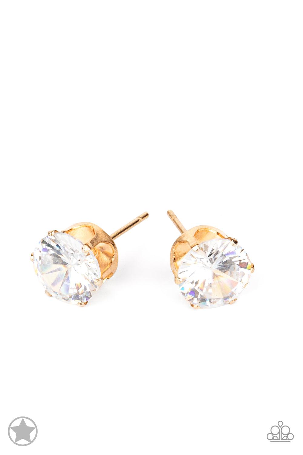 Paparazzi Accessories Just In TIMELESS - Gold A sparkling white rhinestone is nestled inside a classic gold frame for a timeless look. Earring attaches to a standard post fitting. Sold as one pair of post earrings. Jewelry