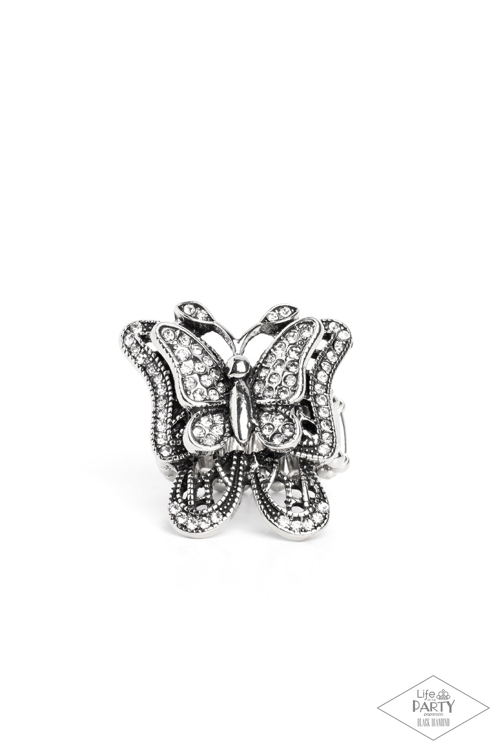 Paparazzi Accessories Free To Fly - White Dazzling white rhinestones are sprinkled across the wings of a silver butterfly, creating a whimsical frame atop the finger. Features a stretchy band for a flexible fit. Sold as one individual ring. Jewelry