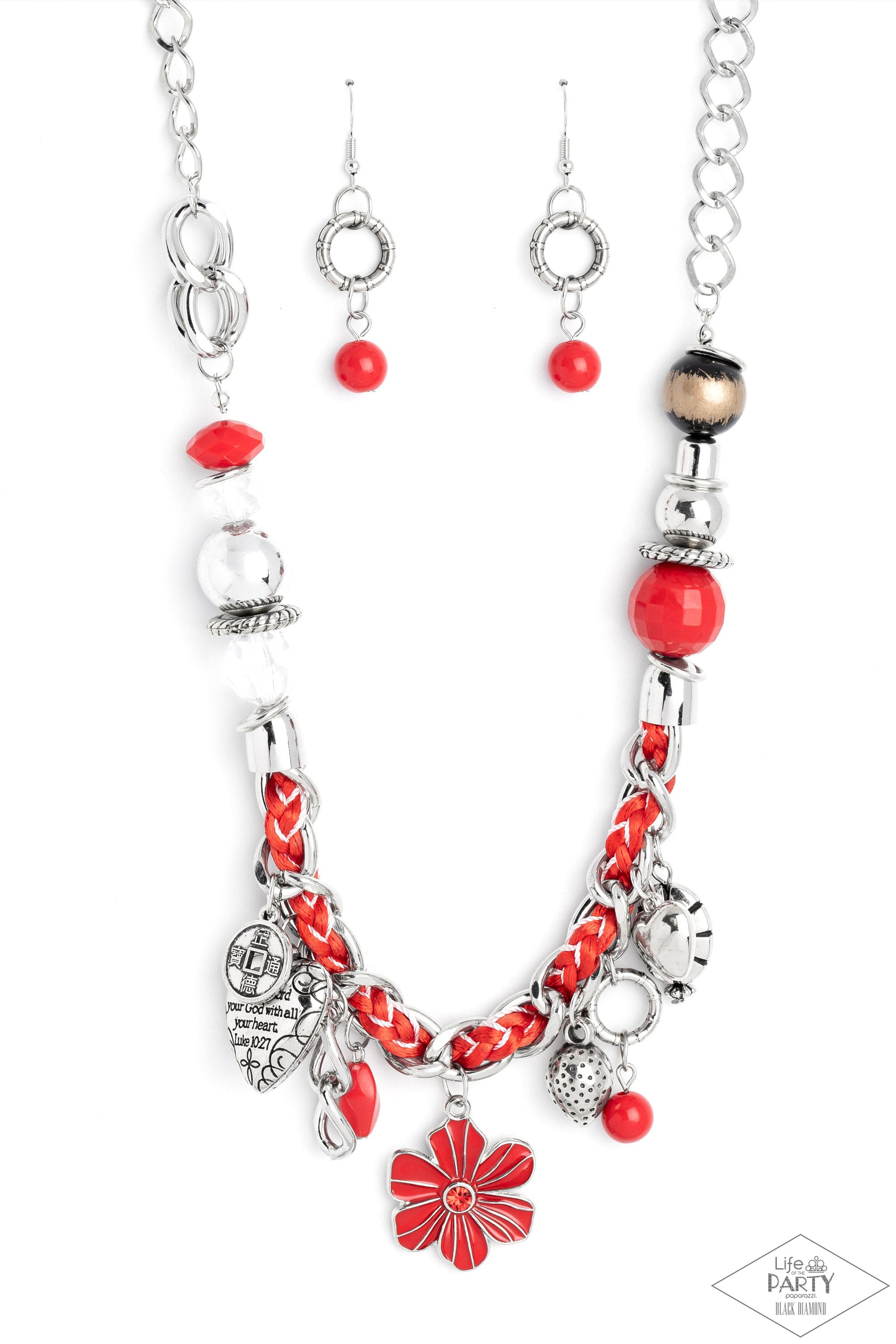 Paparazzi Accessories Charmed, I Am Sure - Red Red and ivory cording is braided through a chunky silver chain. A unique variety of charms decorate the piece including a delicate flower and a heart inscribed with the phrase "With All My Heart" on one side