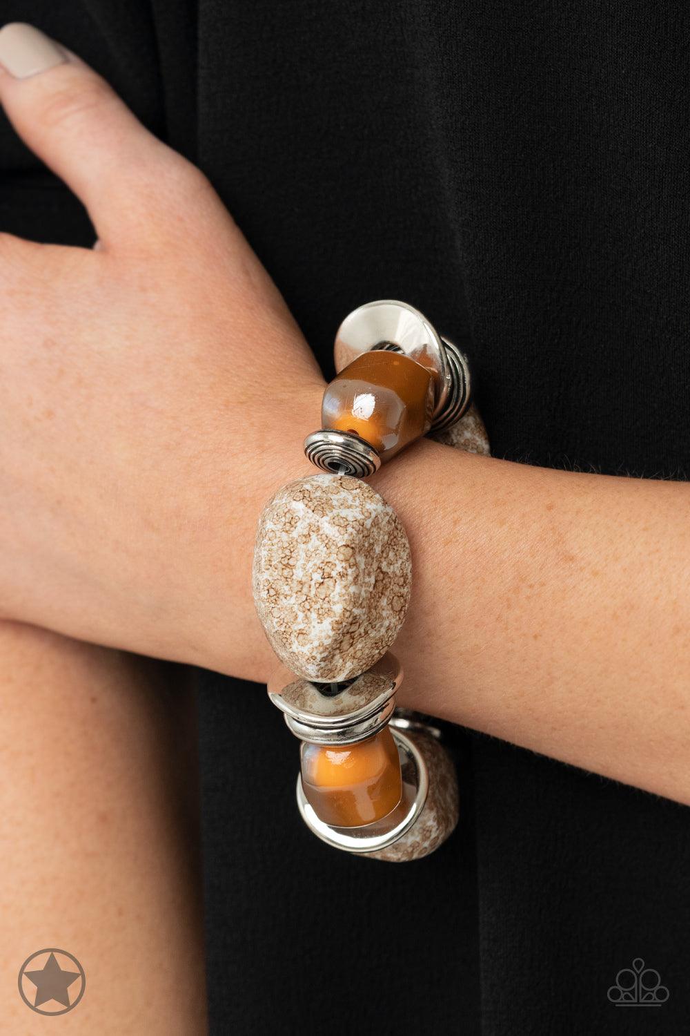 Paparazzi Accessories Glaze of Glory - Brown Chunky peach beads combine with intricate silver details on a stretchy band. Matches Blockbuster Necklace. Sold as one individual bracelet. Jewelry