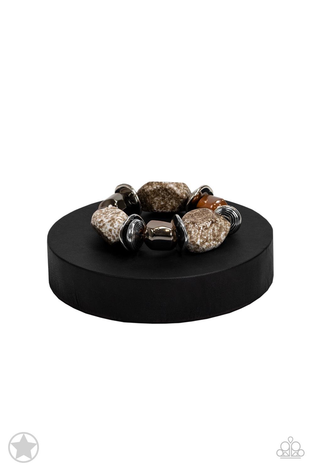 Paparazzi Accessories Glaze of Glory - Brown Chunky peach beads combine with intricate silver details on a stretchy band. Matches Blockbuster Necklace. Sold as one individual bracelet. Jewelry