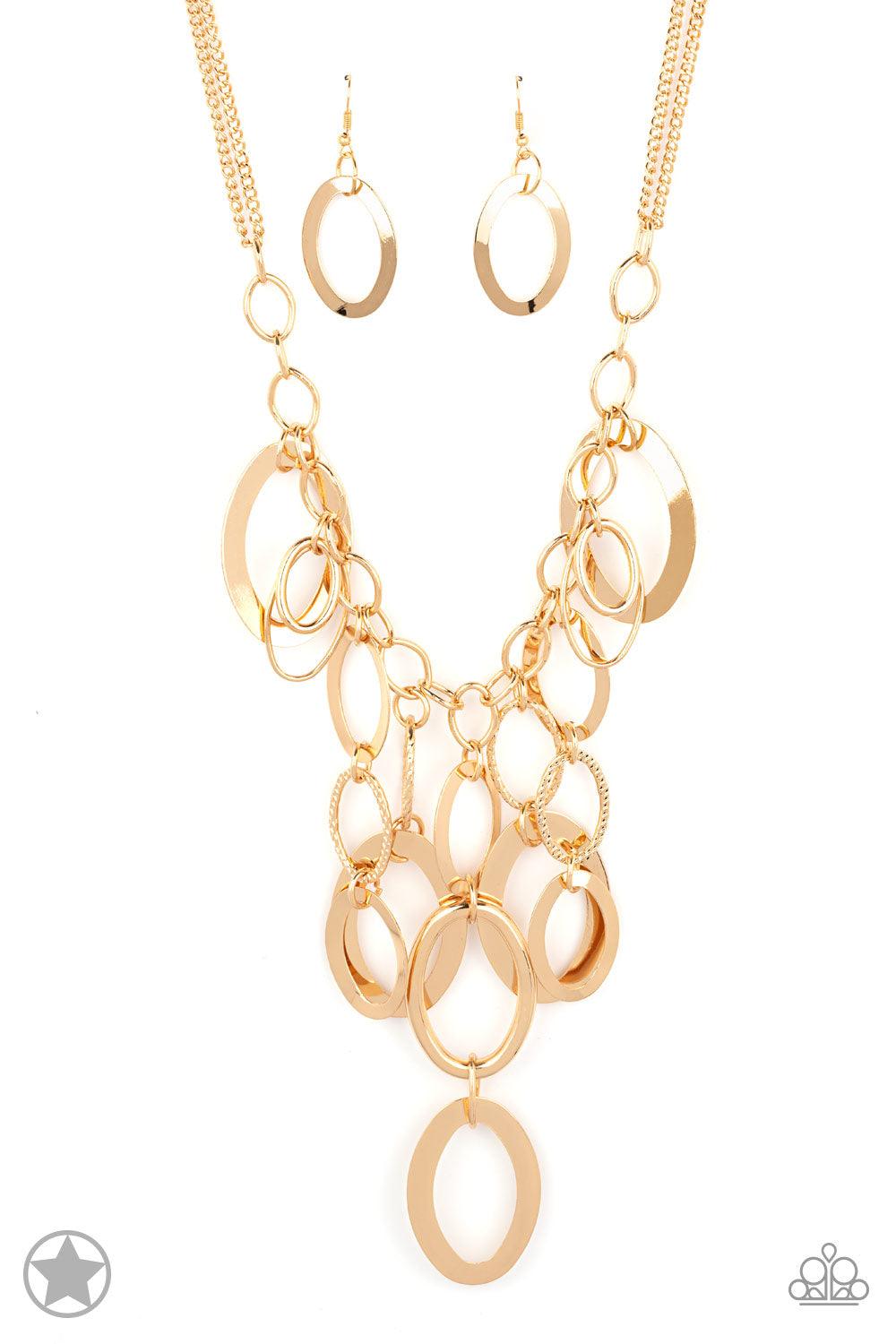 Paparazzi Accessories A Golden Spell - Gold Large gold links and shimmering textured gold rings cascade below a gold chain freely, allowing for movement that makes a bold statement. Features an adjustable clasp closure. Sold as one individual necklace. In