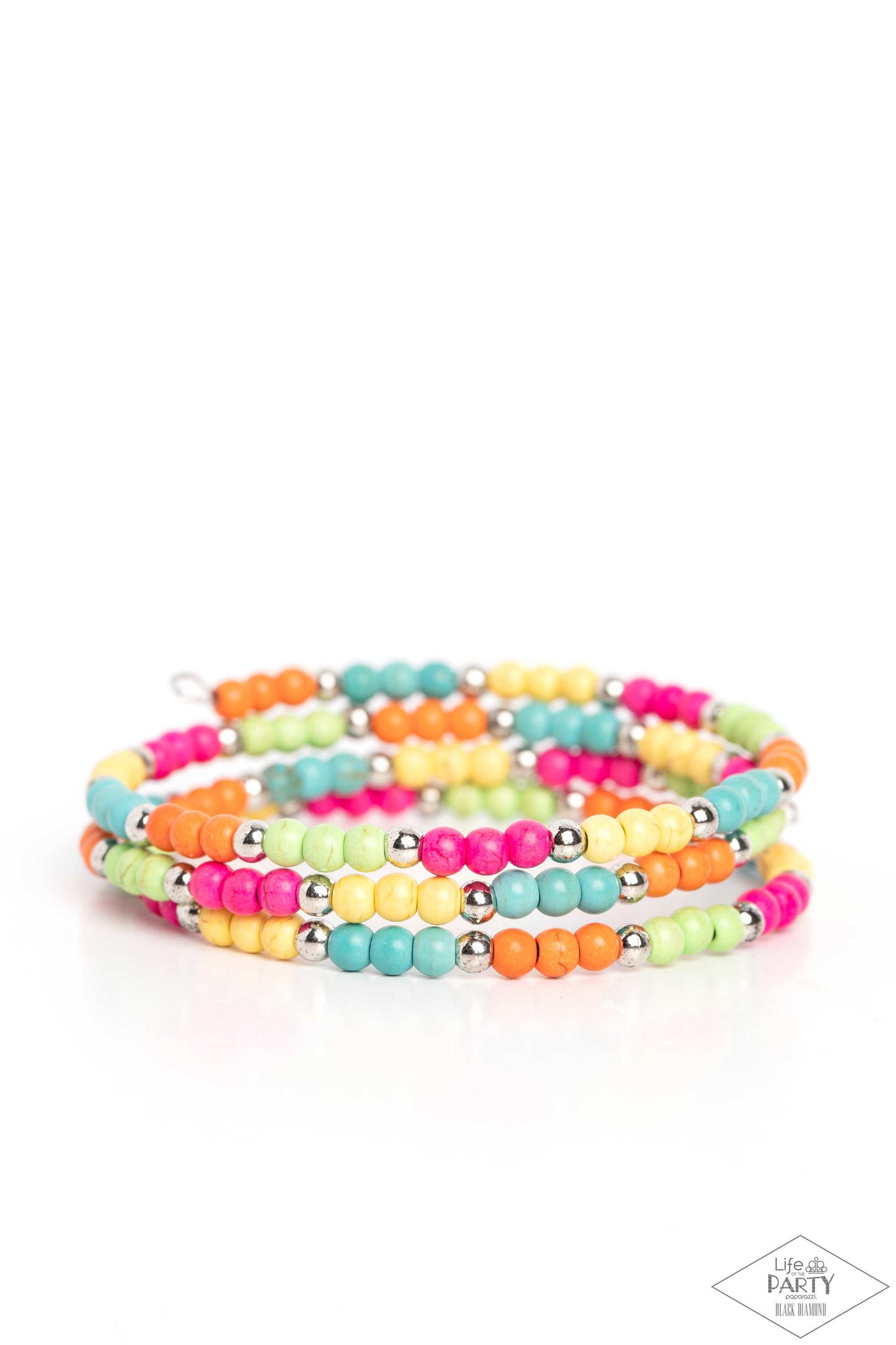Paparazzi Accessories Stone Paradise - Multi Dainty silver beads and smooth multicolored stone accents are threaded along a coiled wire, creating an earthy infinity wrap style bracelet. As the stone elements in this piece are natural, some color variation