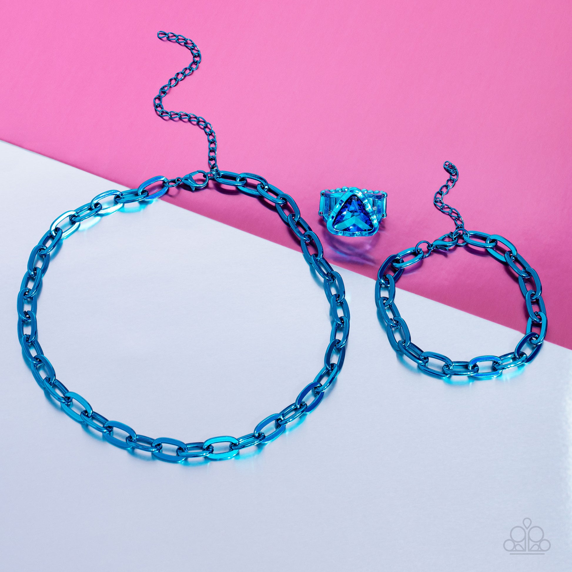 Paparazzi Accessories Energetic Encore - Blue Oversized electric blue links connect around the wrist for a bold urban look. Features an adjustable clasp closure. Sold as one individual bracelet. Get The Complete Look! Necklace: "Exuberant Encore - Blue" (
