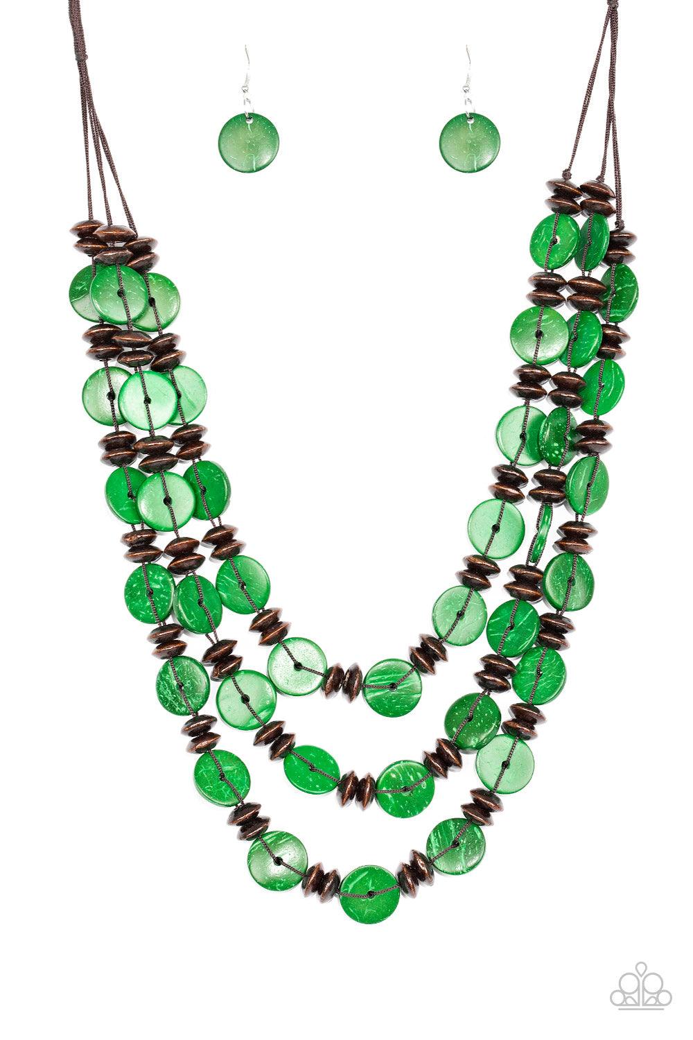 Paparazzi Accessories Key West Walkabout - Green Brushed in a colorful finish, rows of refreshing green wooden discs and earthy brown beads are threaded along shiny brown cording for a summery look. Features a button loop closure. Sold as one individual n