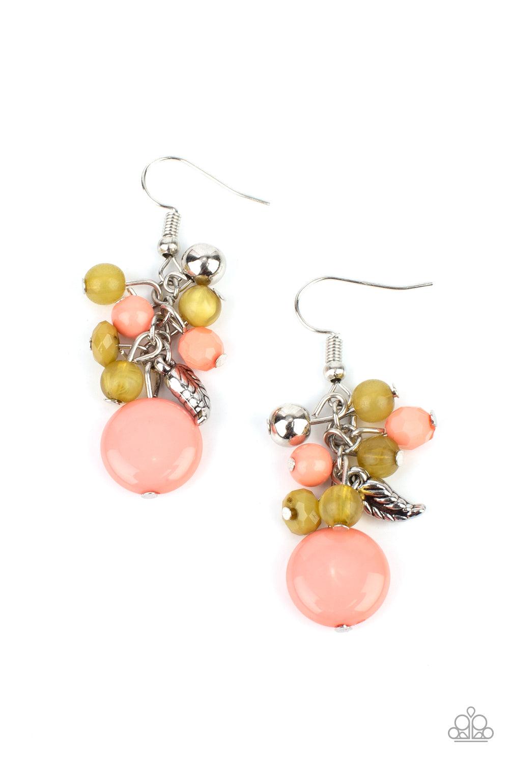 Paparazzi Accessories Whimsically Musical - Multi A cluster of Burnt Coral and Willow beads, accented with a shiny silver bead and a delicate silver feather, tumble together atop a flattened Burnt Coral bead for a whimsical finish. Earring attaches to a s