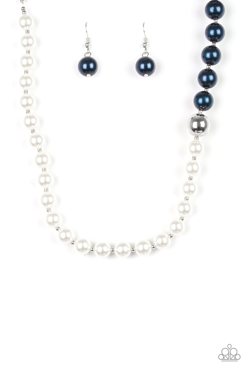 Paparazzi Accessories 5th Avenue A-Lister - Blue Separated by dainty silver beads, classic white pearls merge into blue pearls for a contemporary look. Infused with a shiny silver bead, the timeless pearls collect below the collar for a refined asymmetric