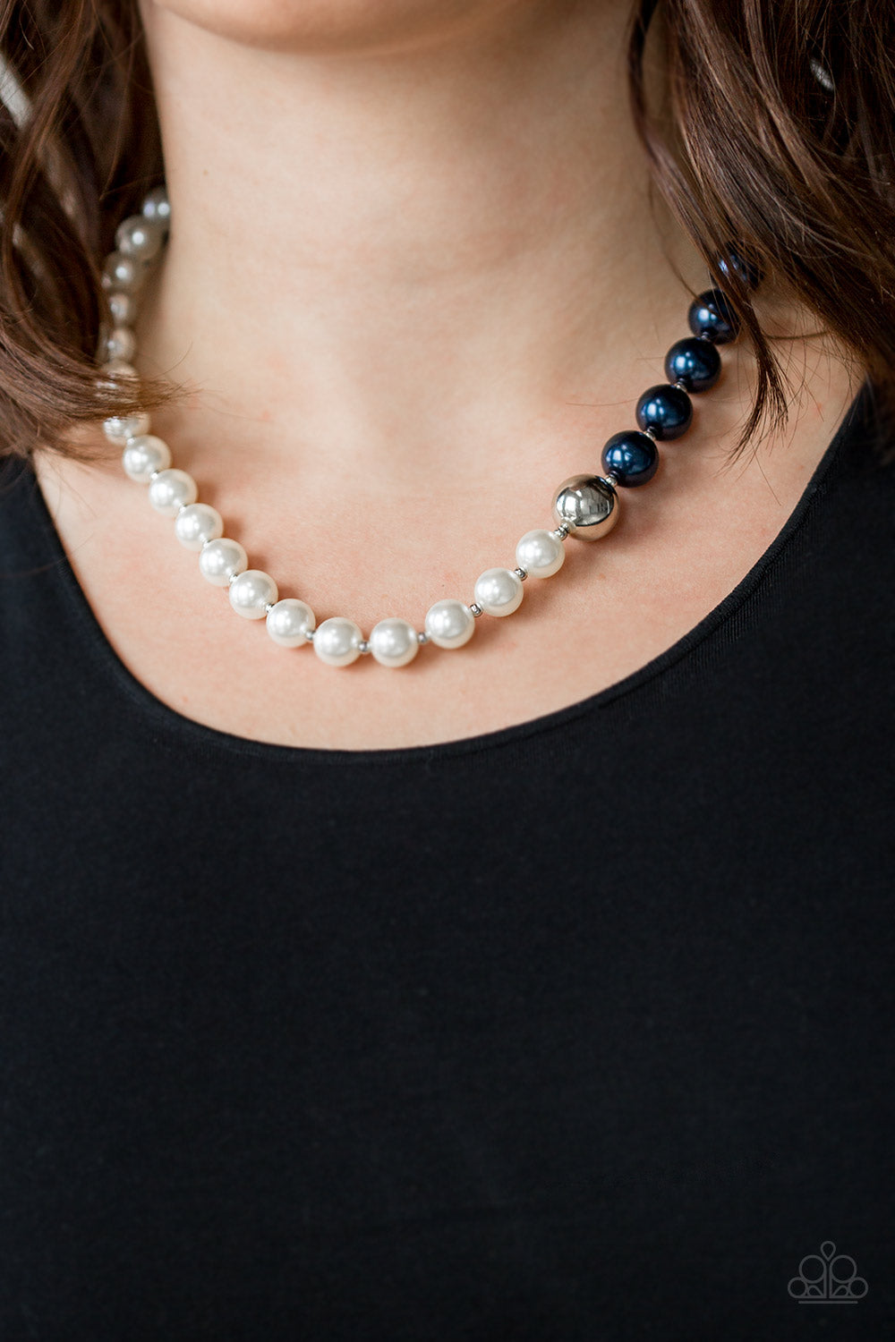 Paparazzi Accessories 5th Avenue A-Lister - Blue Separated by dainty silver beads, classic white pearls merge into blue pearls for a contemporary look. Infused with a shiny silver bead, the timeless pearls collect below the collar for a refined asymmetric