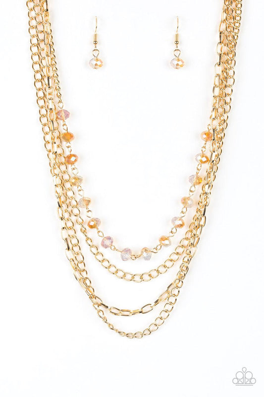Paparazzi Accessories Extravagant Elegance - Gold Mismatched gold chains layer down the chest. A strand of gold dusted gems join below the collar for a glamorous look. Features an adjustable clasp closure. Sold as one individual necklace. Includes one pai