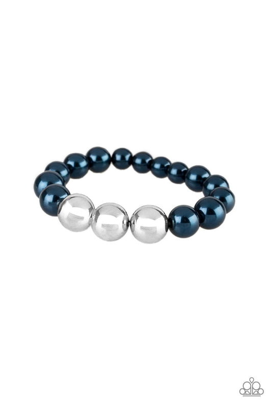 Paparazzi Accessories All Dressed UPTOWN - Blue Gradually increased in size near the center, oversized pearly blue and shiny silver beads are threaded along a stretchy band around the wrist for a glamorous finish. Sold as one individual bracelet. Jewelry