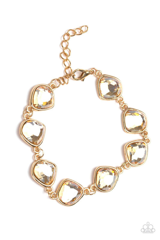 Paparazzi Accessories Perfect Imperfection - Gold Featuring shimmery gold frames, imperfect golden gems link around the wrist for a glamorous vintage inspired look. Features an adjustable clasp closure. Sold as one individual bracelet. Jewelry