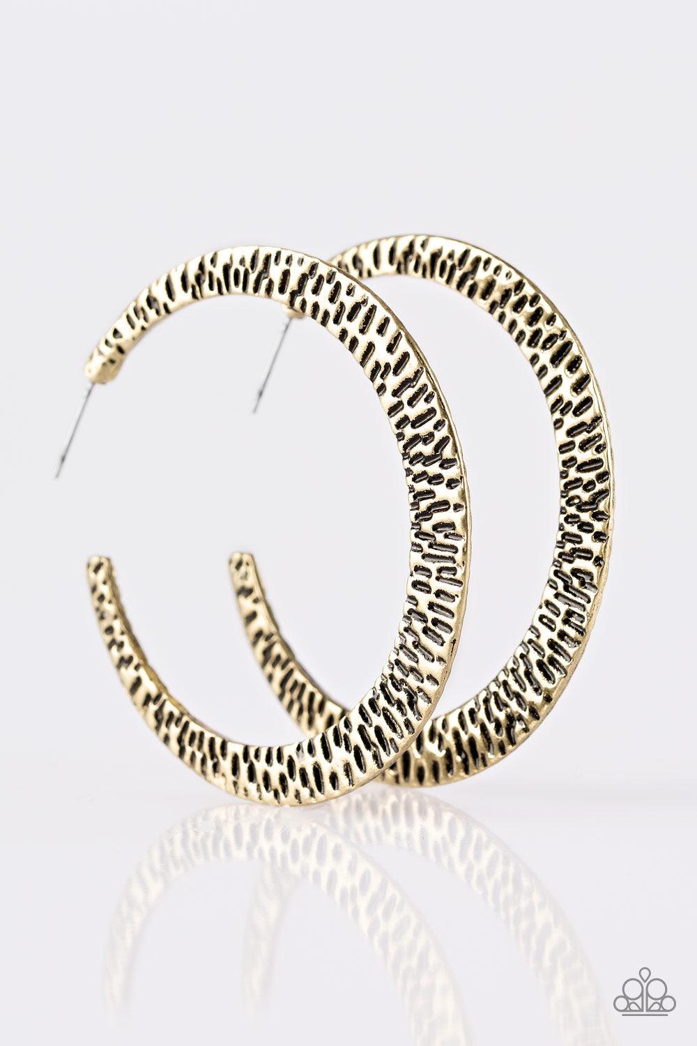 Paparazzi Accessories BEAST Friends Forever - Brass Delicately hammered in shimmery textures, a glistening brass hoop curls around the ear for a fierce fashion. Earring attaches to a standard post fitting. Hoop measures 2" in diameter. Sold as one pair of