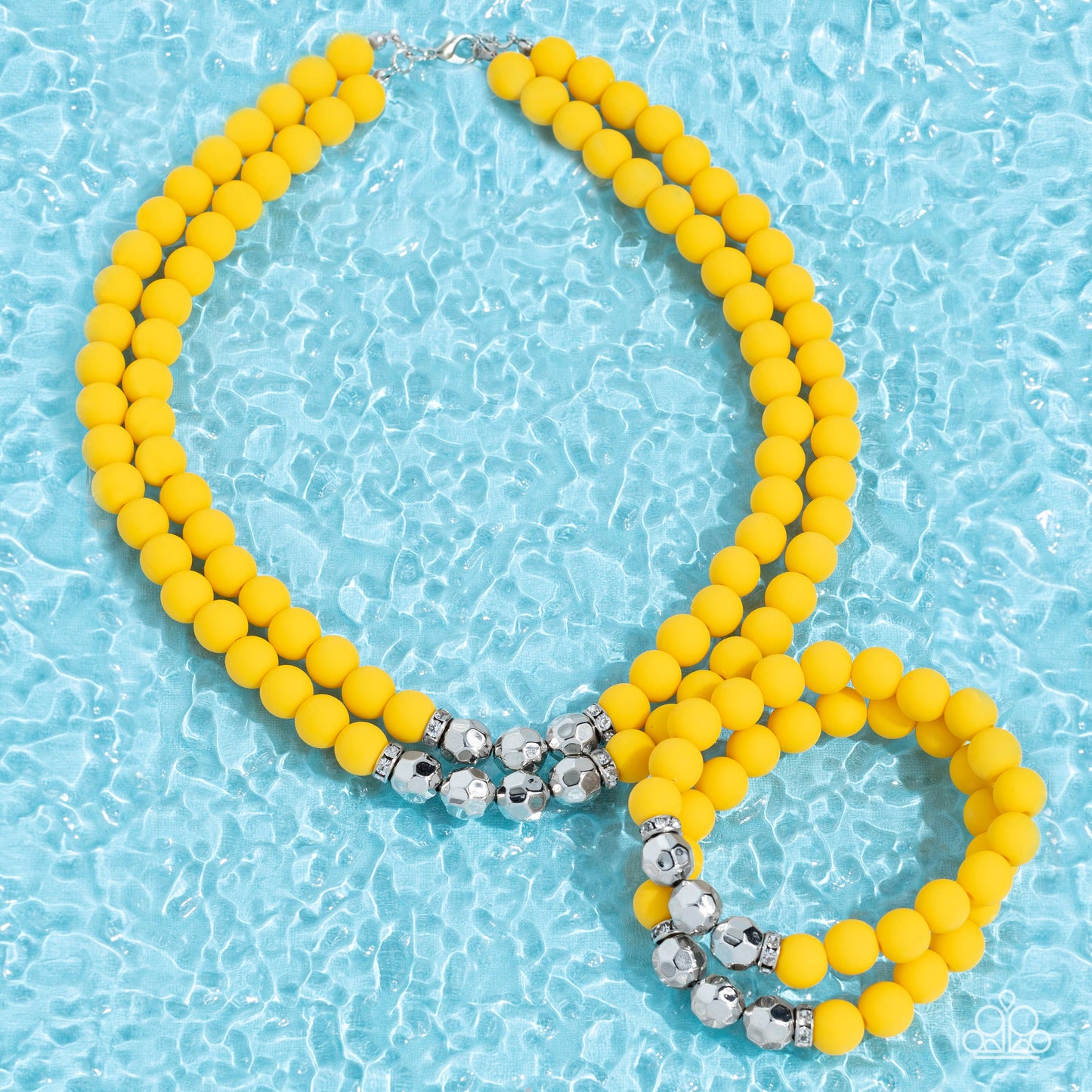 Paparazzi Accessories Dip and Dive - Yellow White rhinestone encrusted rings flank a trio of faceted silver beads along a stretchy row of matte-finished Daffodil beads, creating a summery splash of color around the wrist. Sold as one pair of bracelets. Ge