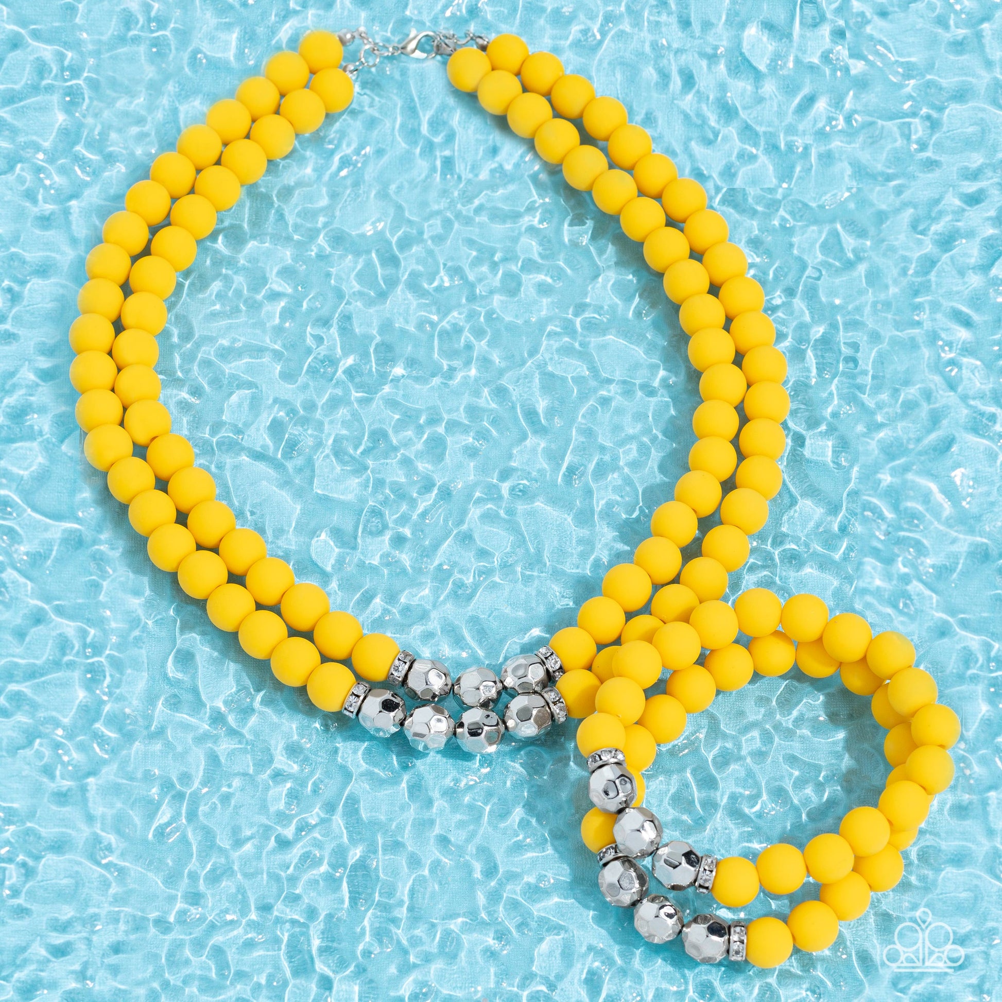 Paparazzi Accessories Dip and Dive - Yellow White rhinestone encrusted rings flank a trio of faceted silver beads along a stretchy row of matte-finished Daffodil beads, creating a summery splash of color around the wrist. Sold as one pair of bracelets. Ge