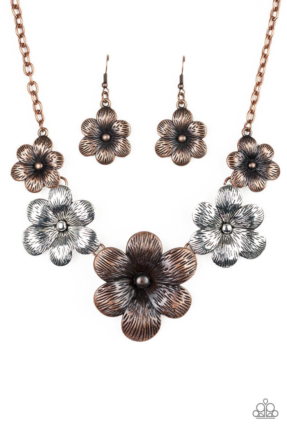Paparazzi Accessories Secret Garden - Multi Brushed in an antiqued shimmer, lifelike copper and silver flowers gradually increase in size as they link below the collar in a seasonal fashion. Features an adjustable clasp closure. Sold as one individual nec