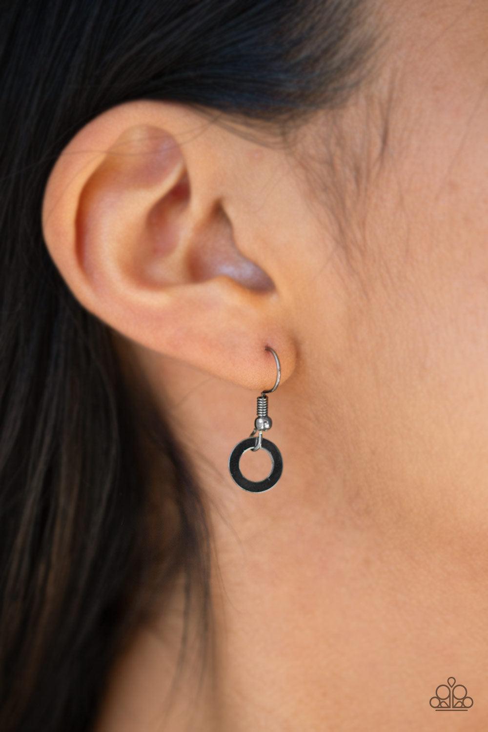 Paparazzi Accessories Move It On Over - Black Smooth and textured gunmetal hoops connect below the collar for a modern industrial look. Features an adjustable clasp closure. Sold as one individual necklace. Includes one pair of matching earrings. Get The