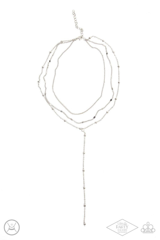 Paparazzi Accessories Think Like A Minimalist - Silver A row of beaded silver chain, a plain silver chain, and a chain featuring flattened links layer around the neck for a minimalist inspired look. An extended silver beaded chain drips from the center of