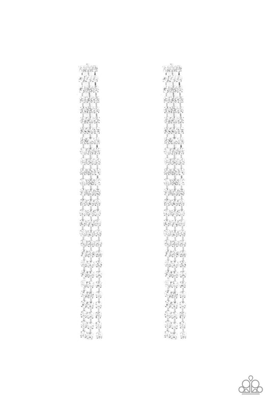 Paparazzi Accessories Stellar Starlight - White Three strands of glittery white rhinestones free-fall from the ear, coalescing into a timeless chandelier. Earring attaches to a standard post fitting. Sold as one pair of post earrings. Jewelry