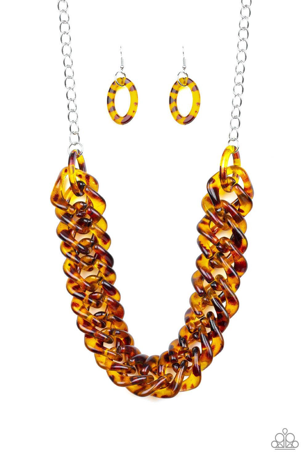 Paparazzi Accessories Comin In HAUTE - Brown Featuring a tortoise shell finish, square brown acrylic links subtlety twist as they link below the collar for a colorful statement-making look. Features an adjustable clasp closure. Sold as one individual neck