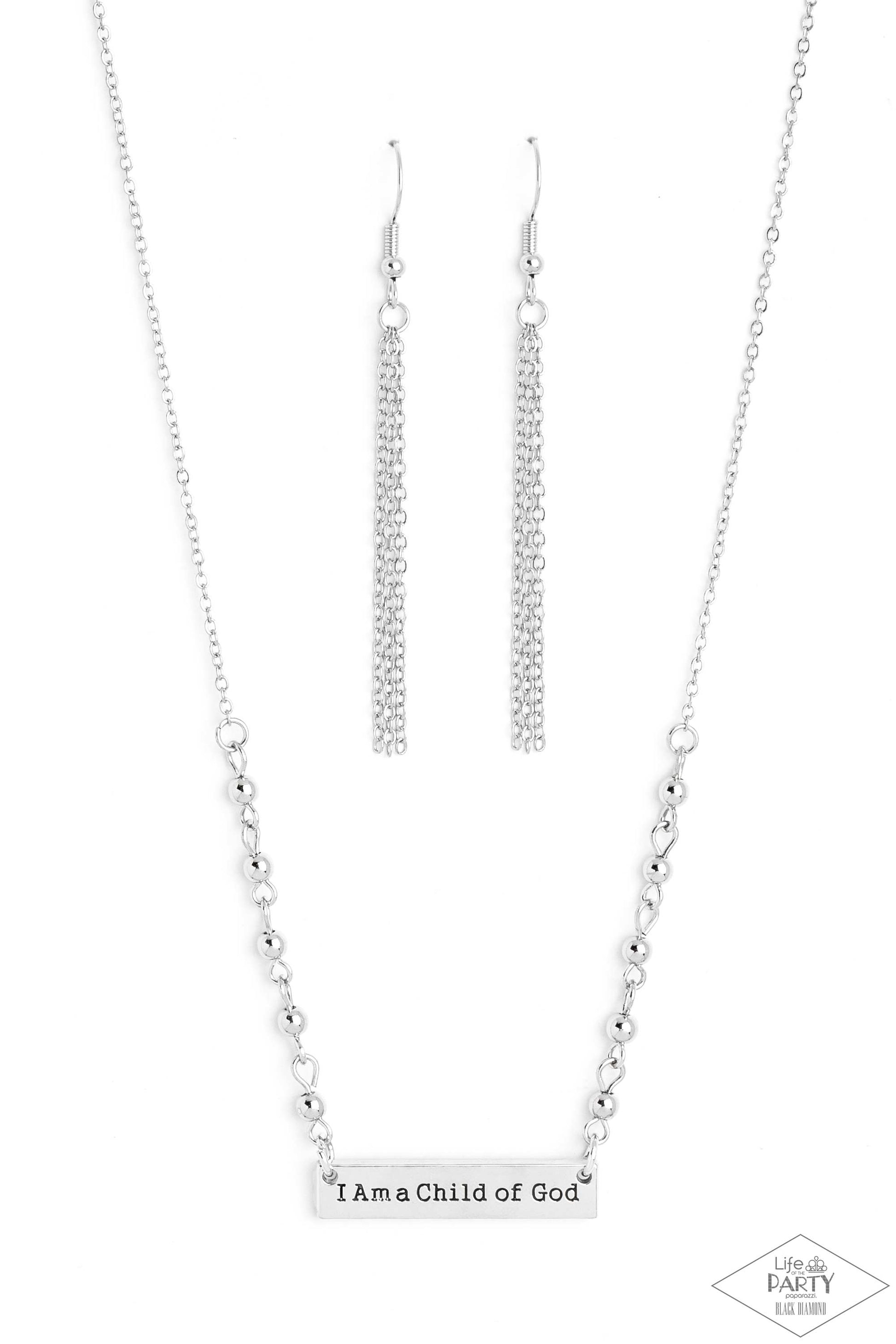 Paparazzi Accessories Send Me An Angel - Silver Infused with a silver beaded chain, a dainty silver frame is stamped with the phrase, "I Am a Child of God", for an inspirational finish. Features an adjustable clasp closure. Sold as one individual necklace