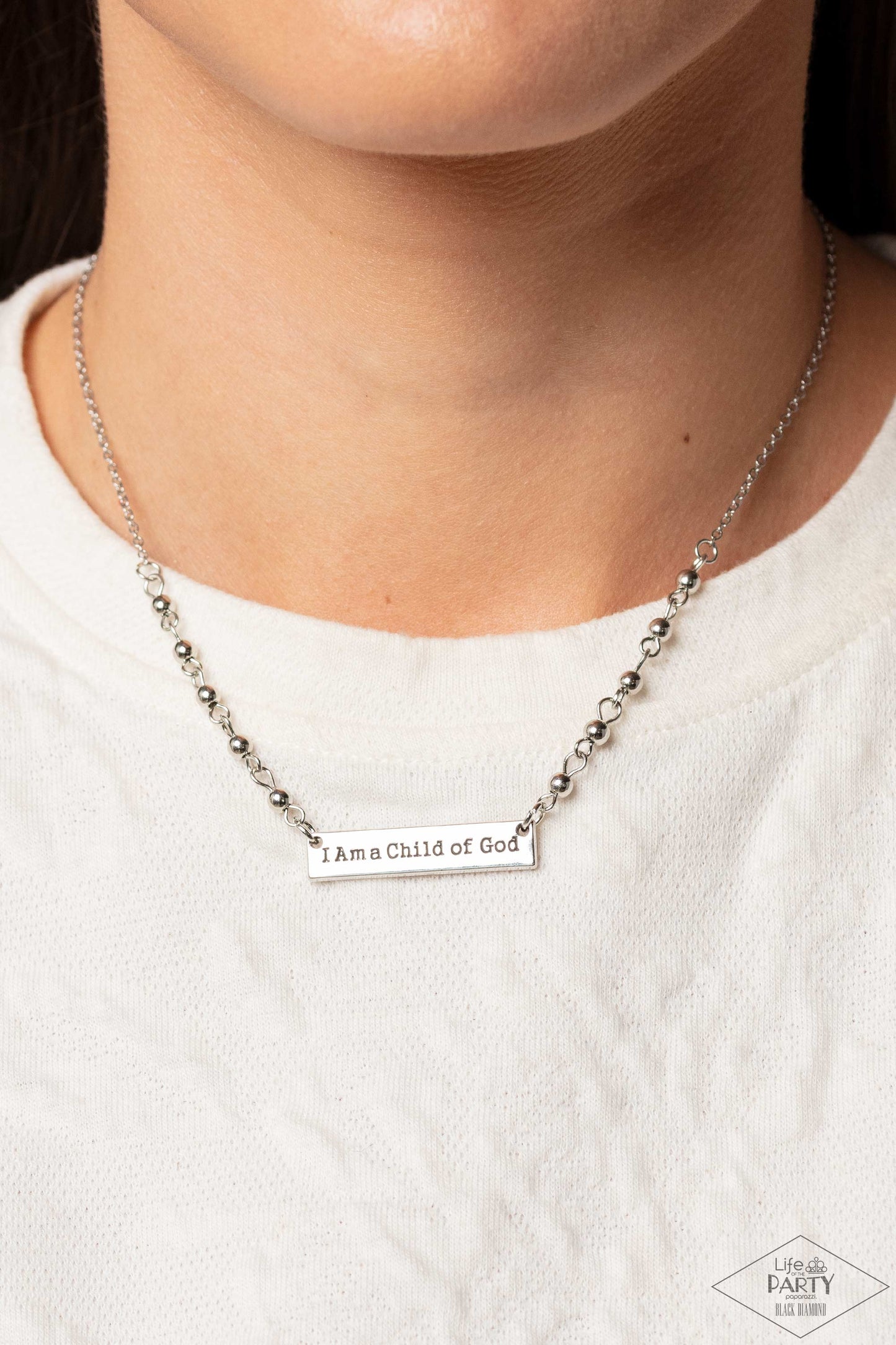 Paparazzi Accessories Send Me An Angel - Silver Infused with a silver beaded chain, a dainty silver frame is stamped with the phrase, "I Am a Child of God", for an inspirational finish. Features an adjustable clasp closure. Sold as one individual necklace