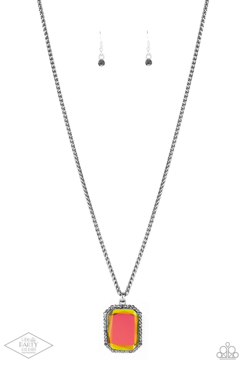 Paparazzi Accessories Let Your HEIR Down - Multi Bordered in dainty hematite rhinestones, an oversized faceted oil spill emerald style gem swings from the bottom of an antiqued silver wheat chain for a blinding look. Features an adjustable clasp closure.