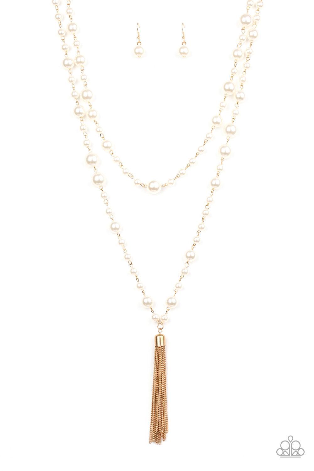 Paparazzi Accessories Social Hour - Gold A collection of bubbly white pearls link into two strands down the chest. A shimmery gold tassel swings from the lowermost strand, adding a timeless twist to the classic pearl palette. Features an adjustable clasp