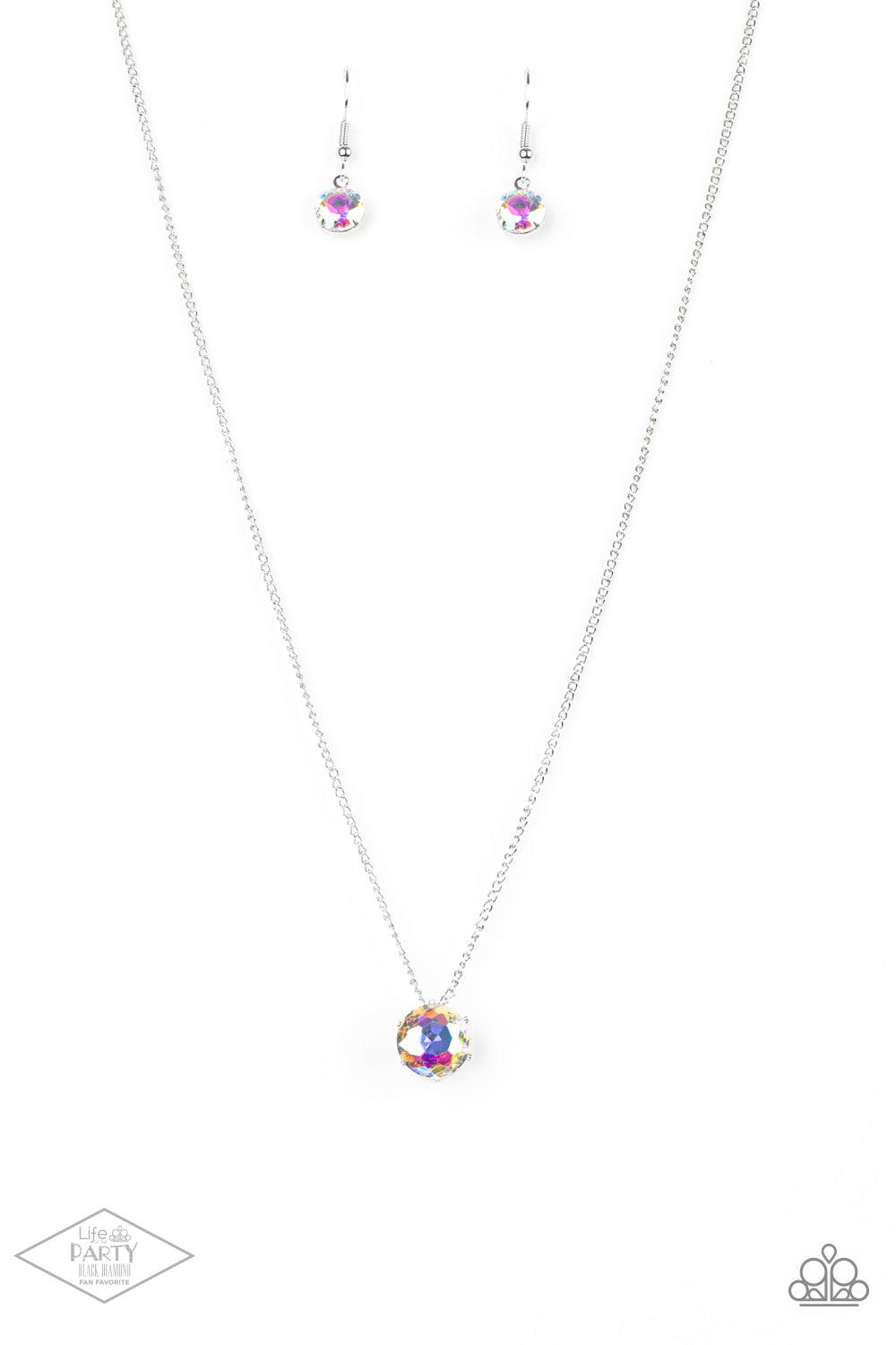 Paparazzi Accessories What A Gem - Multi A single iridescent rhinestone sparkles brilliantly at the bottom of a dainty silver chain, creating a stunning solitaire design. Features an adjustable clasp closure. Sold as one individual necklace. Includes one