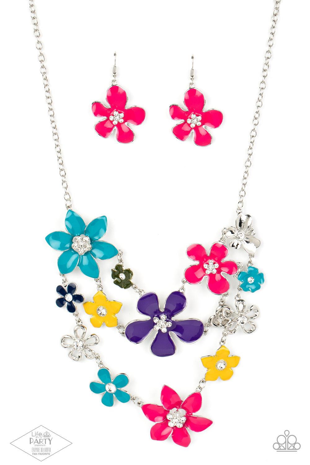 Paparazzi Accessories Zi Collection Necklace 2013 - Multi Painted in vivacious shades of blue, pink, purple, and yellow, a collection of colorful and plain silver floral-shaped frames bloom below the collar in three vivacious rows. Dainty white rhinestone