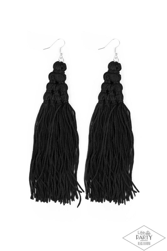 Paparazzi Accessories Magic Carpet Ride - Black Woven into an intricate frame, shiny black tassels stream from the ear, creating a majestic fringe. Earring attaches to a standard fishhook fitting. Sold as one pair of earrings. Jewelry