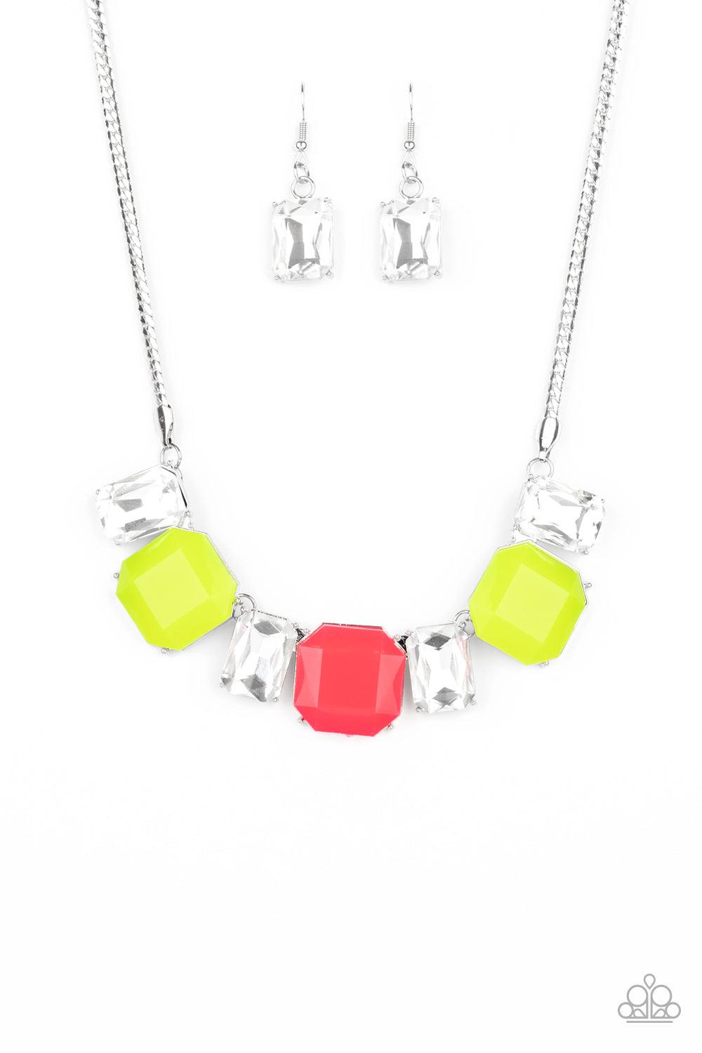 Paparazzi Accessories Royal Crest - Multi Neon yellow and pink beads connect with exaggerated emerald style white rhinestones, creating vivacious sparkle below the collar. Features an adjustable clasp closure. Sold as one individual necklace. Includes one