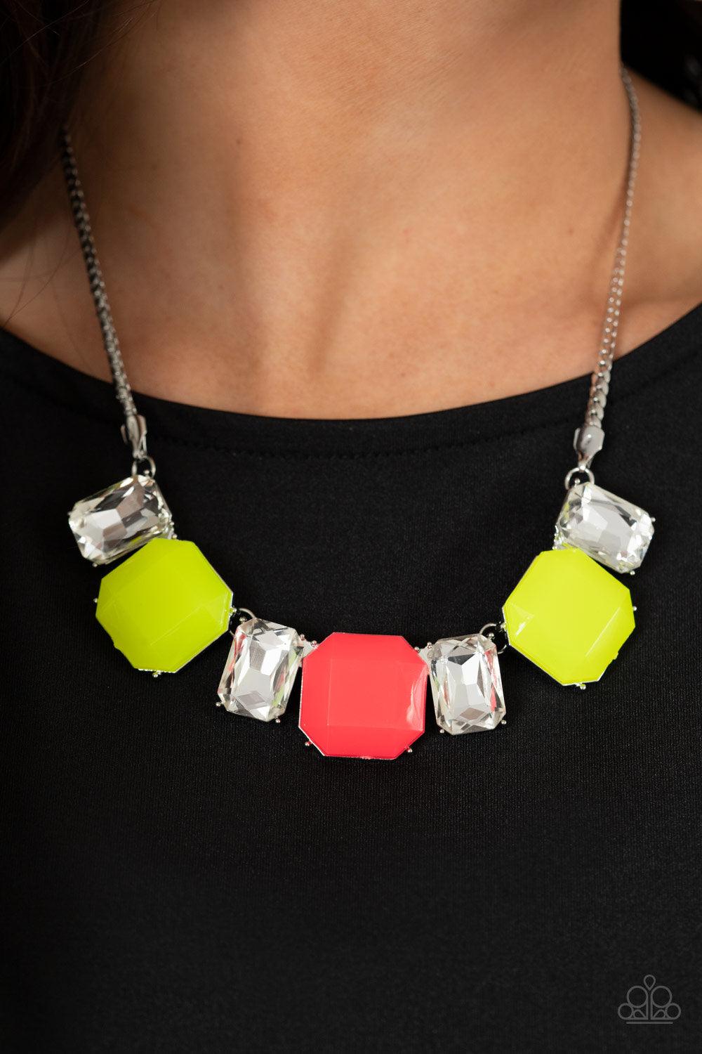 Paparazzi Accessories Royal Crest - Multi Neon yellow and pink beads connect with exaggerated emerald style white rhinestones, creating vivacious sparkle below the collar. Features an adjustable clasp closure. Sold as one individual necklace. Includes one
