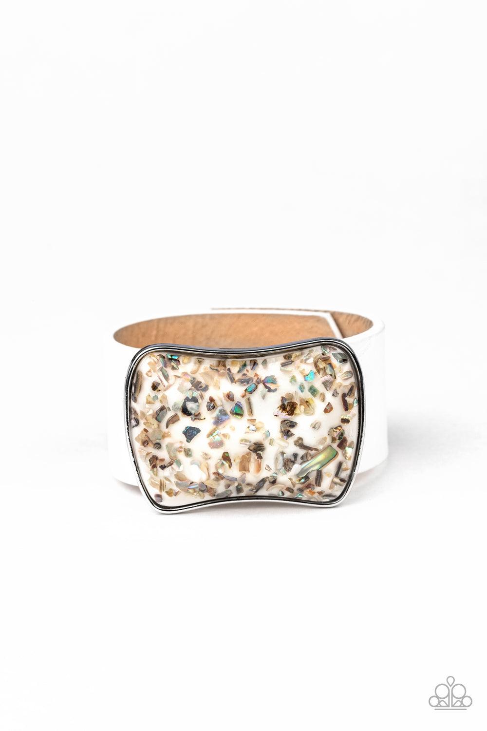 Paparazzi Accessories Twinkle Twinkle Little ROCK STAR - White Flecks of iridescent rocks are in a glass-like frame that slides along a shiny white leather band, creating a shimmery centerpiece atop the wrist. Features an adjustable snap closure. Sold as
