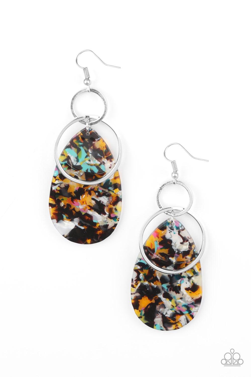 Paparazzi Accessories Two Tickets To Paradise - Multi Featuring an iridescent faux marble finish, a teardrop acrylic frame joins a shiny silver hoop at the bottom of a dainty silver ring, creating a colorful lure. Earring attaches to a standard fishhook f