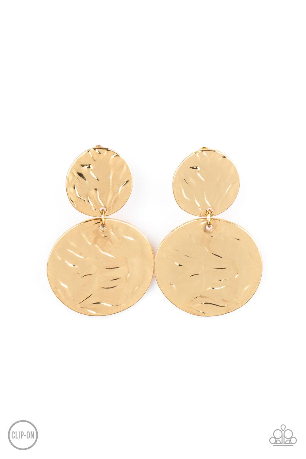 Paparazzi Accessories Relic Ripple - Gold *Clip-On Varying in size, hammered gold discs link into a rippling lure. Earring attaches to a standard clip-on fitting. Sold as one pair of clip-on earrings. Jewelry