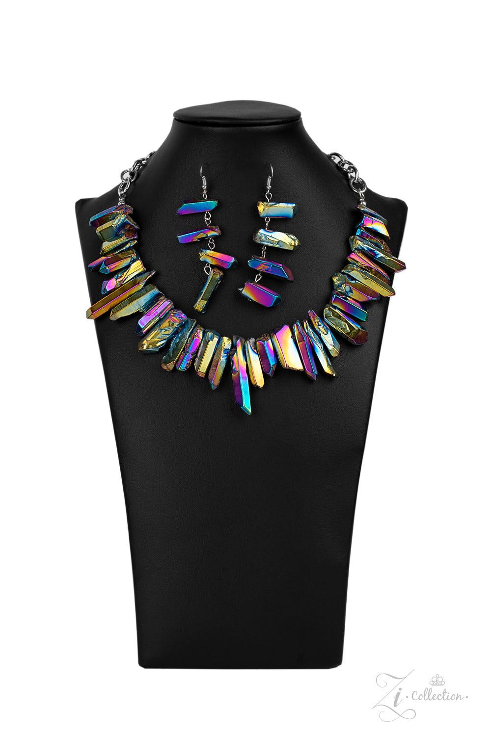 Paparazzi Accessories Charismatic Featuring an oil spill iridescence, raw cut pieces of hematite are threaded along an invisible wire below the collar for a colorfully courageous look. Features an adjustable clasp closure. Sold as one individual necklace.