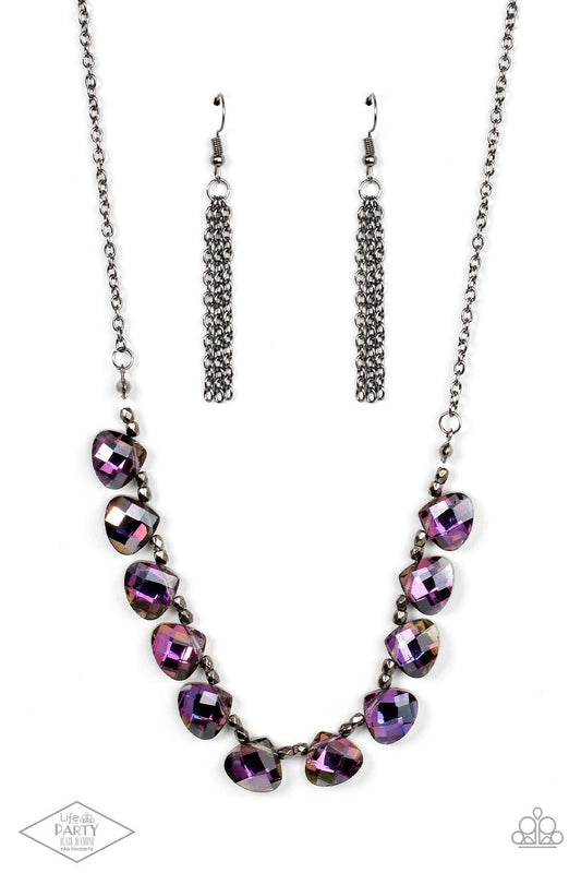 Paparazzi Accessories Catch a Fallen Star - Multi Rounded iridescent teardrop gems join pairs of faceted gunmetal beads below the collar for a refined look. Features an adjustable clasp closure. Sold as one individual necklace. Includes one pair of matchi