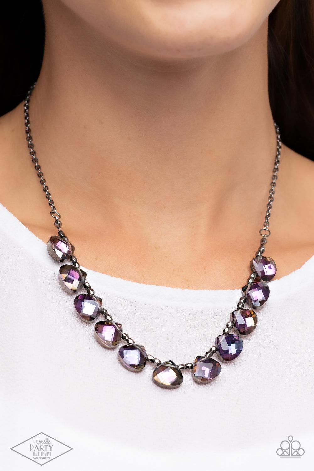Paparazzi Accessories Catch a Fallen Star - Multi Rounded iridescent teardrop gems join pairs of faceted gunmetal beads below the collar for a refined look. Features an adjustable clasp closure. Sold as one individual necklace. Includes one pair of matchi