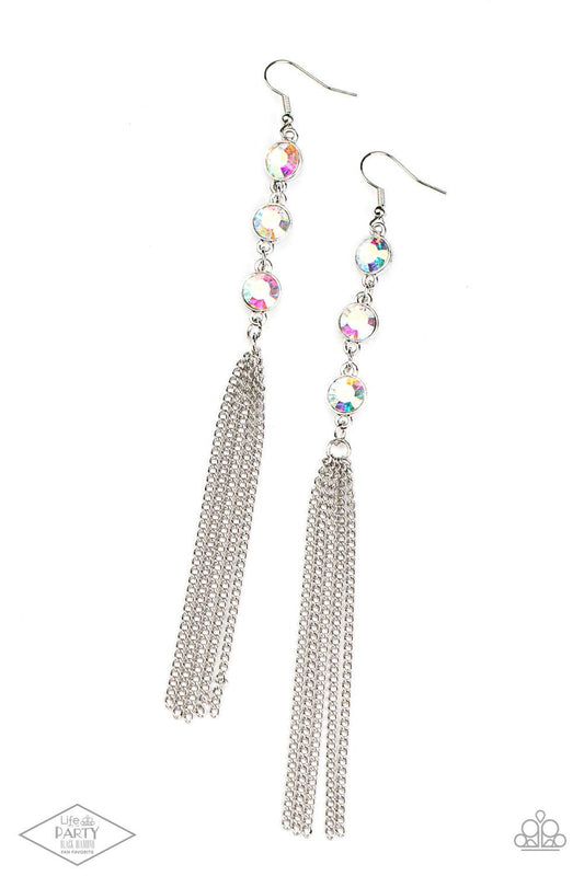 Paparazzi Accessories Moved to TIERS - Multi A shimmery silver chain tassel swings from the bottom of a stack of three iridescent rhinestones, creating a fabulously tiered look. Earring attaches to a standard fishhook fitting. Sold as one pair of earrings