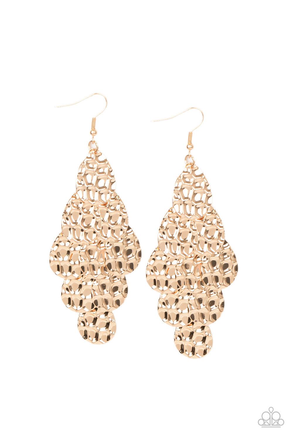Paparazzi Accessories Instant Incandescence - Gold Featuring metallic honeycomb-like patterns, glistening gold teardrop frames cascade from the ear, coalescing into a noise-making lure. Earring attaches to a standard fishhook fitting. Sold as one pair of